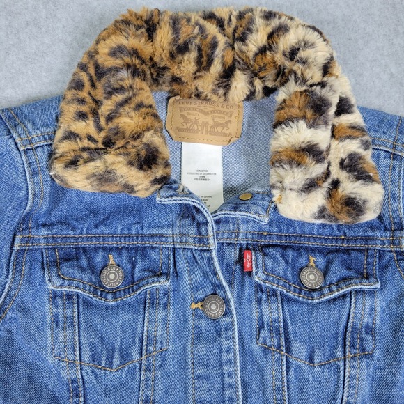 Kids Levi Strauss Denim‎ Jacket Faux Fur Collar Leopard Print Size 10/12 Years - Picture 6 of 14
